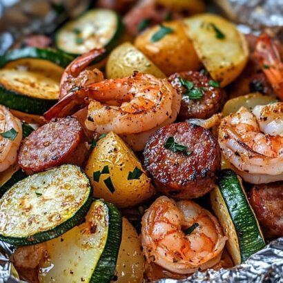 Thumbnail for Shrimp, Zucchini, Potatoes, and Spicy Italian Sausage Foil Pack