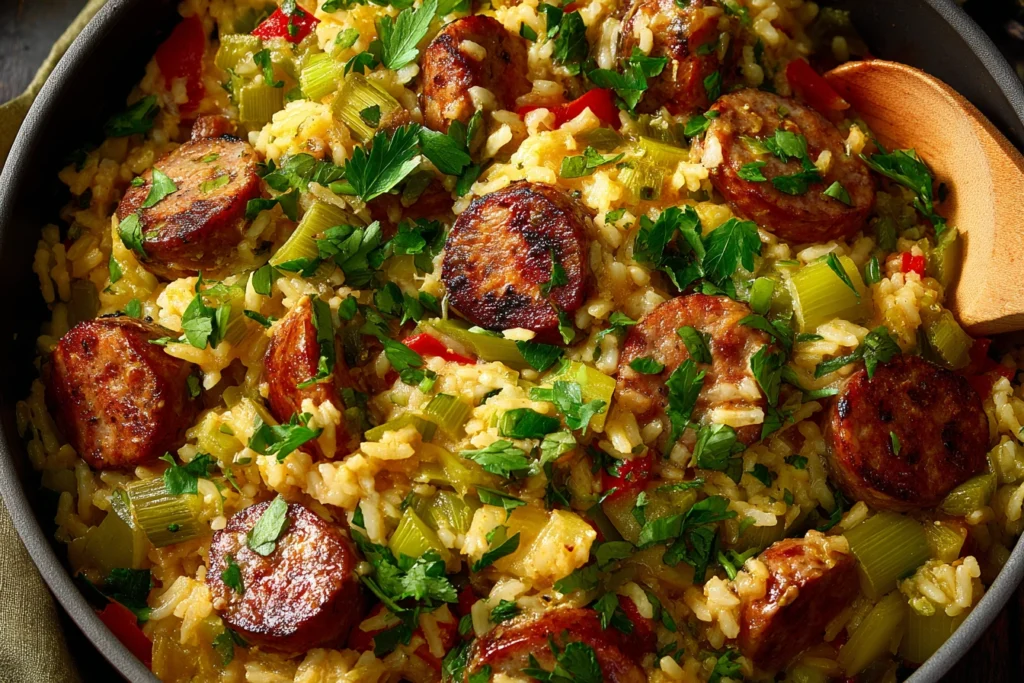 Cheesy Sausage and Rice Skillet